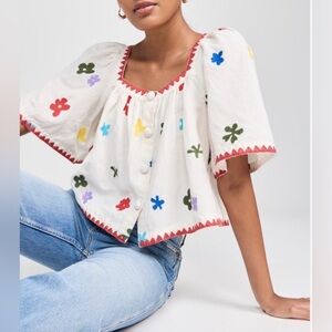 Caroline Constas NEW Square Neck Floral Embroidered Top M